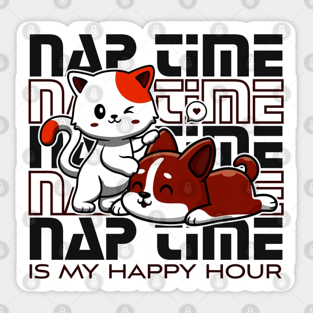 cat and dog naptime is my happy hour, Kawaii Cute kitty and puppy sleeping Sticker by laverdeden